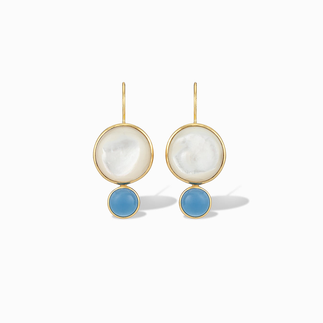 Color Block Drop Earrings in Mother of Pearl and Blue Chalcedony