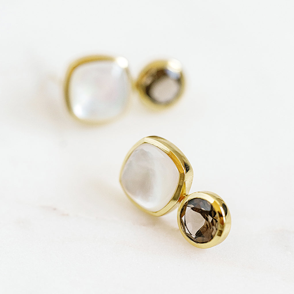 Color Block Stud Earrings in Mother of Pearl and Faceted