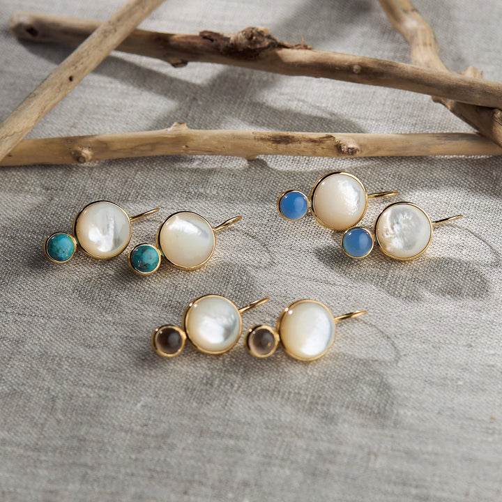 Color Block Drop Earrings in Mother of Pearl and Blue Chalcedony