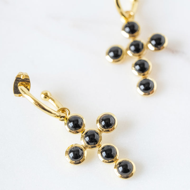 Cross Charm Huggie Hoop Earrings in Black Onyx