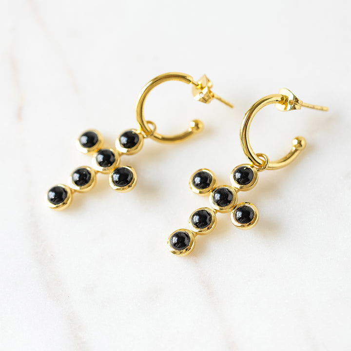Cross Charm Huggie Hoop Earrings in Black Onyx