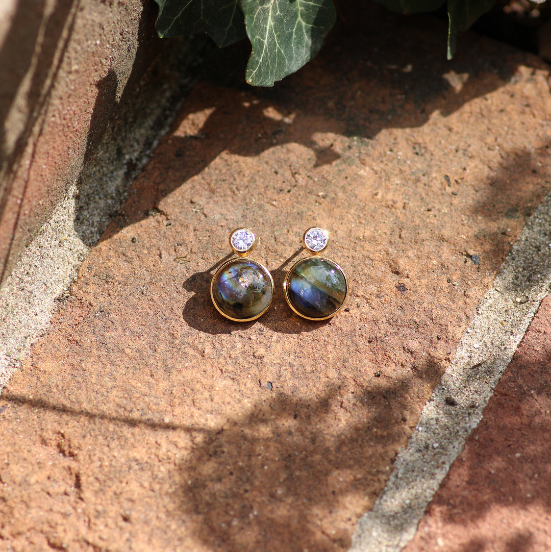 Floating Gem Stud Earrings in Blue Fire Labradorite