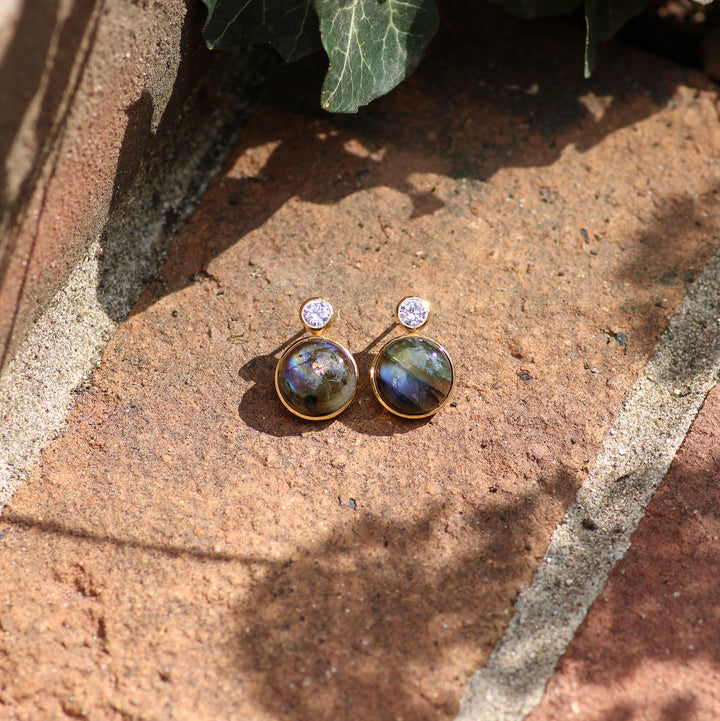 Floating Gem Stud Earrings in Blue Fire Labradorite