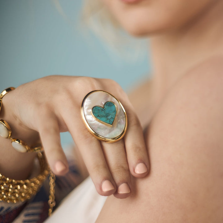 Heart Statement Ring in Mother of Pearl and Blue Mohave Turquoise