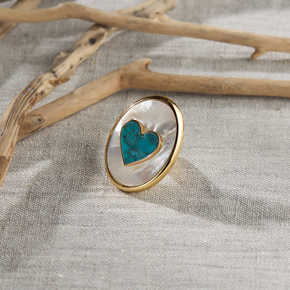 Heart Statement Ring in Mother of Pearl and Blue Mohave Turquoise