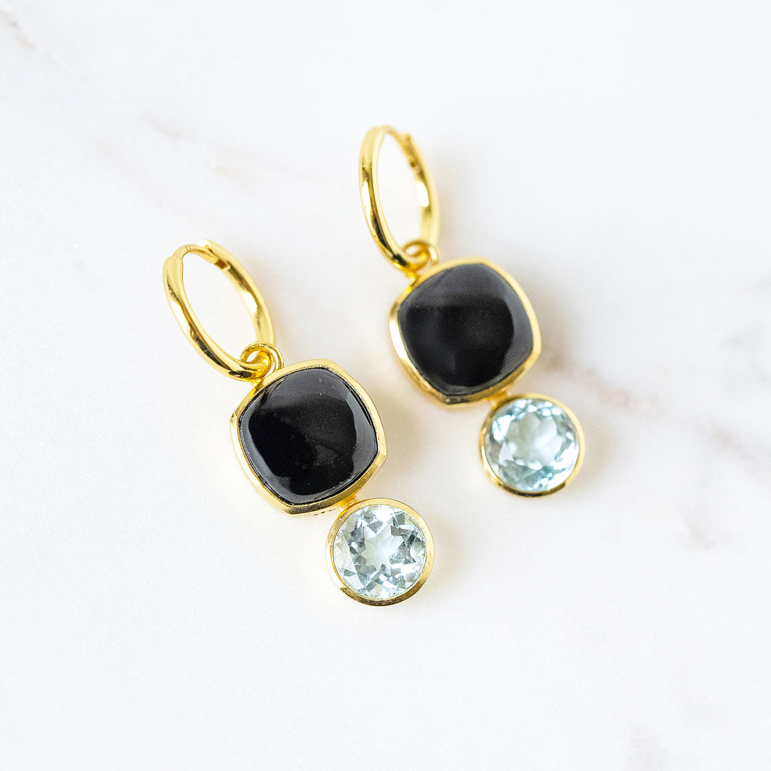 Large Color Block Charm Huggie Hoop Earrings in Black Onyx and Faceted Sky Blue Topaz