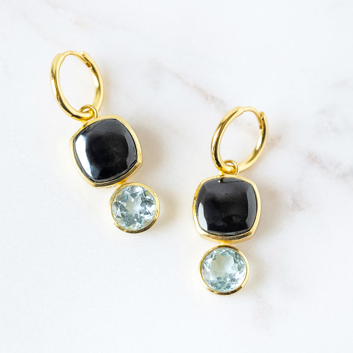 Large Color Block Charm Huggie Hoop Earrings in Black Onyx and Faceted Sky Blue Topaz