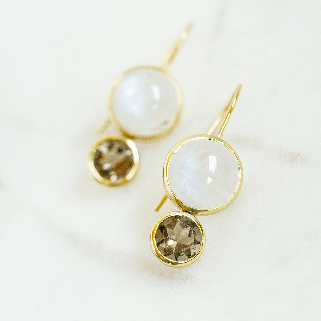 Little Color Block Drop Earrings in Rainbow Moonstone and Faceted Smoky Quartz