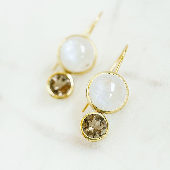 Little Color Block Drop Earrings in Rainbow Moonstone and Faceted Smoky Quartz