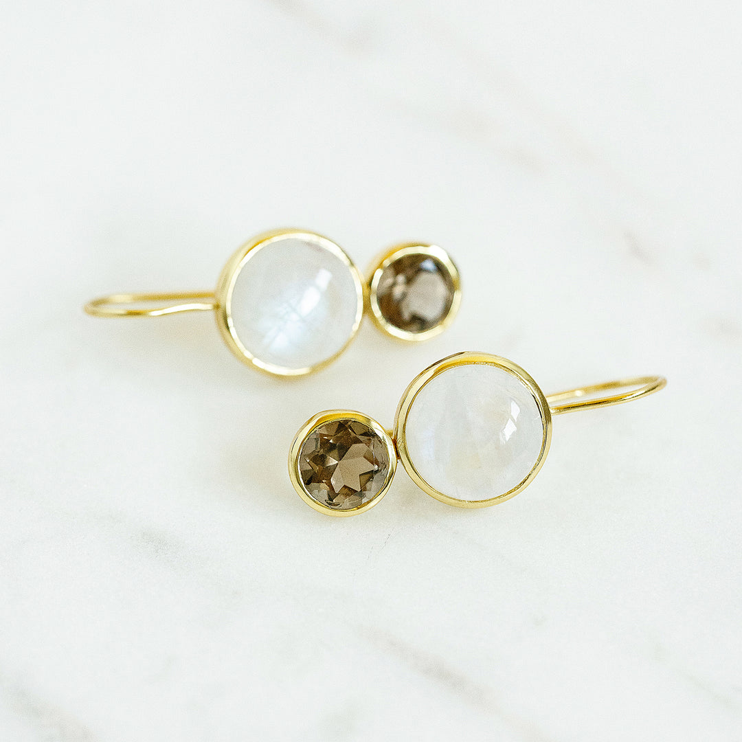 Little Color Block Drop Earrings in Rainbow Moonstone and Faceted Smoky Quartz