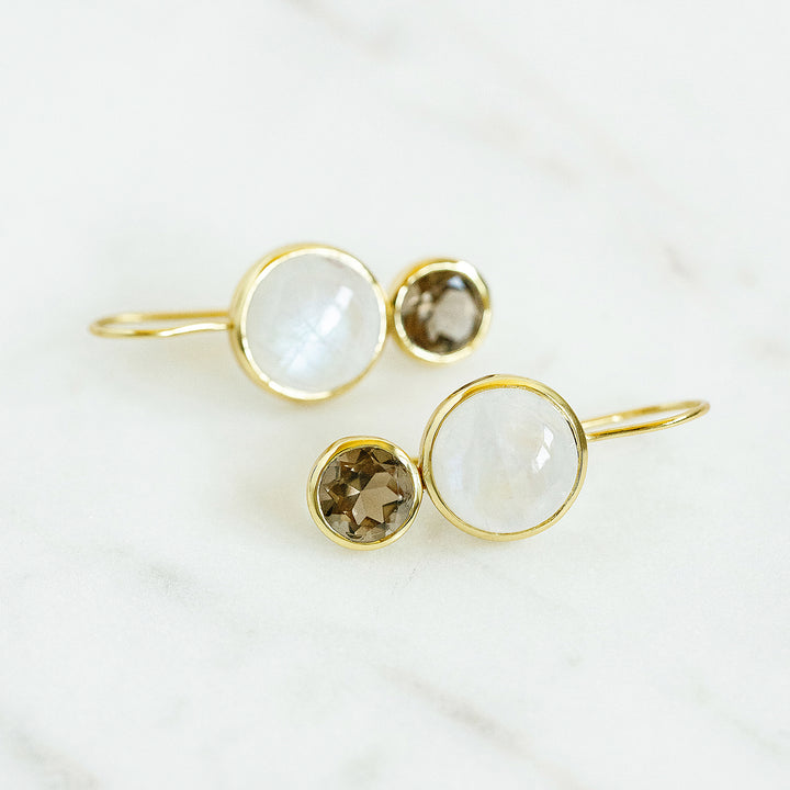 Little Color Block Drop Earrings in Rainbow Moonstone and Faceted Smoky Quartz