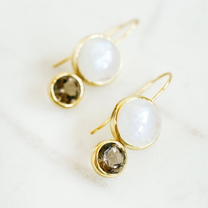 Little Color Block Drop Earrings in Rainbow Moonstone and Faceted Smoky Quartz