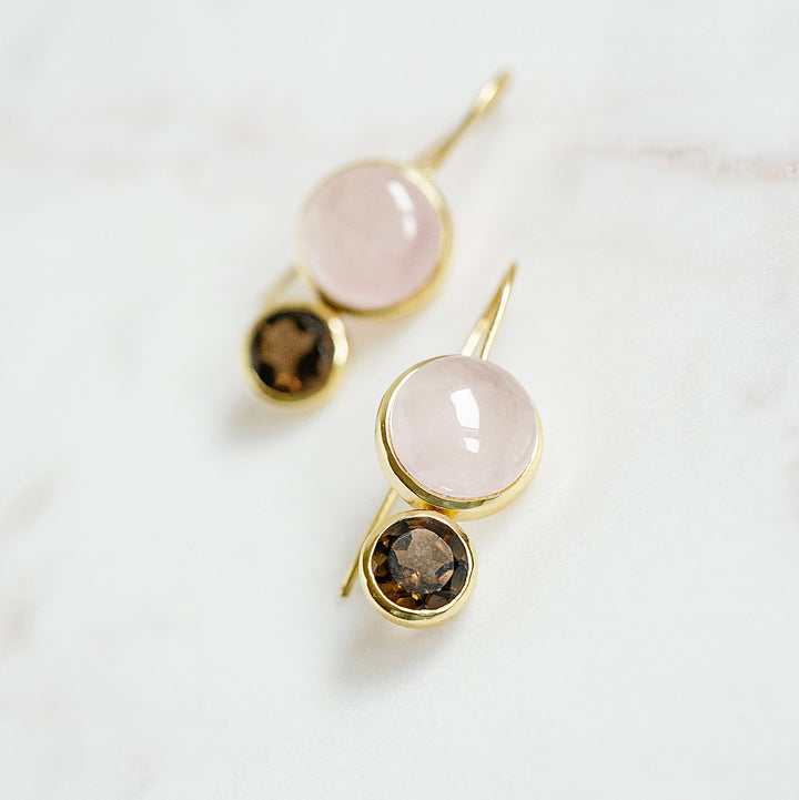 Little Color Block Drop Earrings in Rose Quartz and Faceted Smoky Quartz