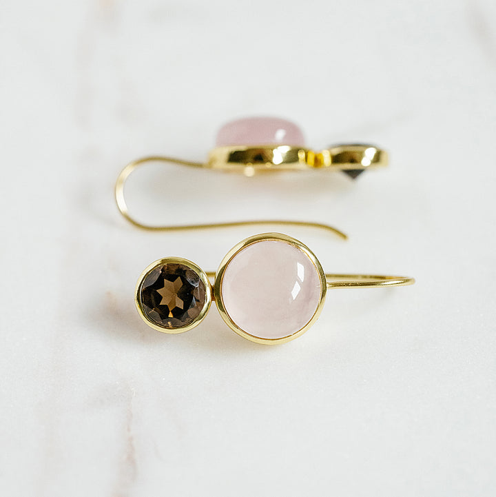 Little Color Block Drop Earrings in Rose Quartz and Faceted Smoky Quartz