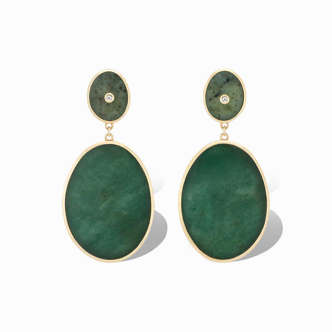 Olympic Statement Earrings in Nephrite Jade and Green Aventurine