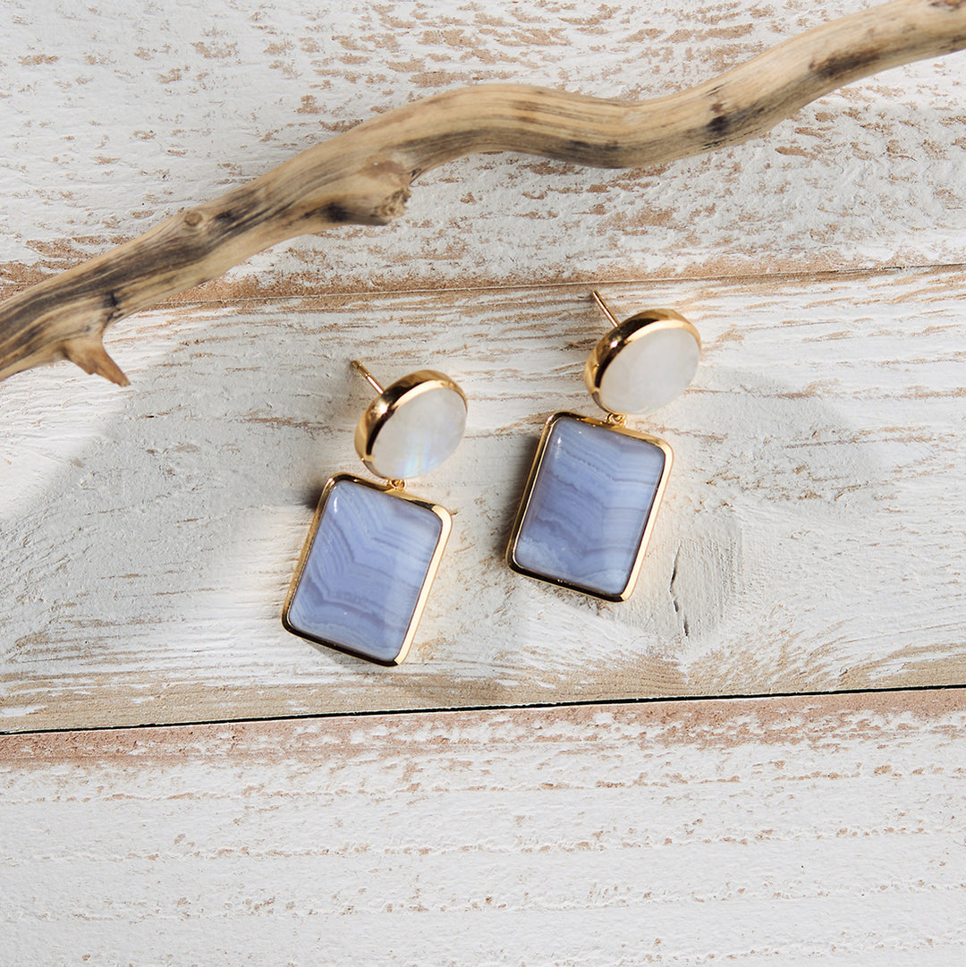 Ouai, No Ouai Drop Earrings in Rainbow Moonstone and Blue Lace Agate