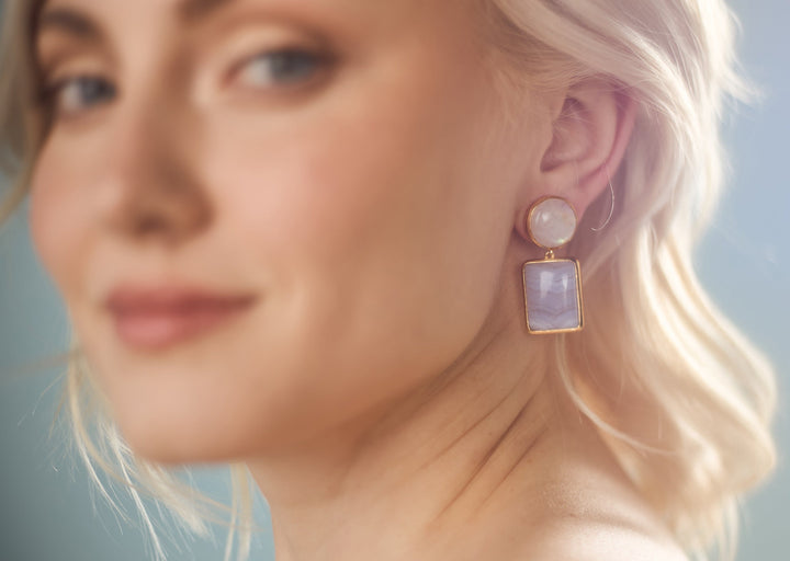 Ouai, No Ouai Drop Earrings in Rainbow Moonstone and Blue Lace Agate