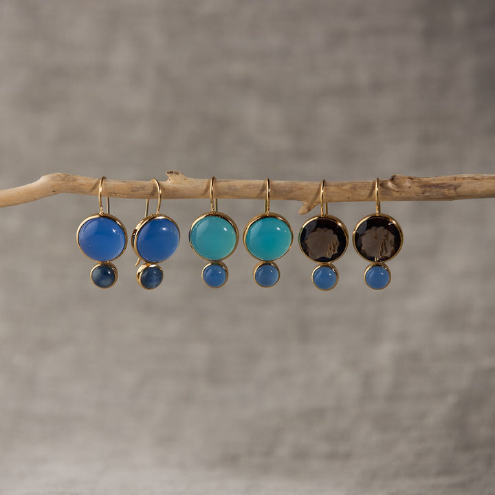 Color Block Drop Earrings in Faceted Smoky Quartz and Blue Chalcedony
