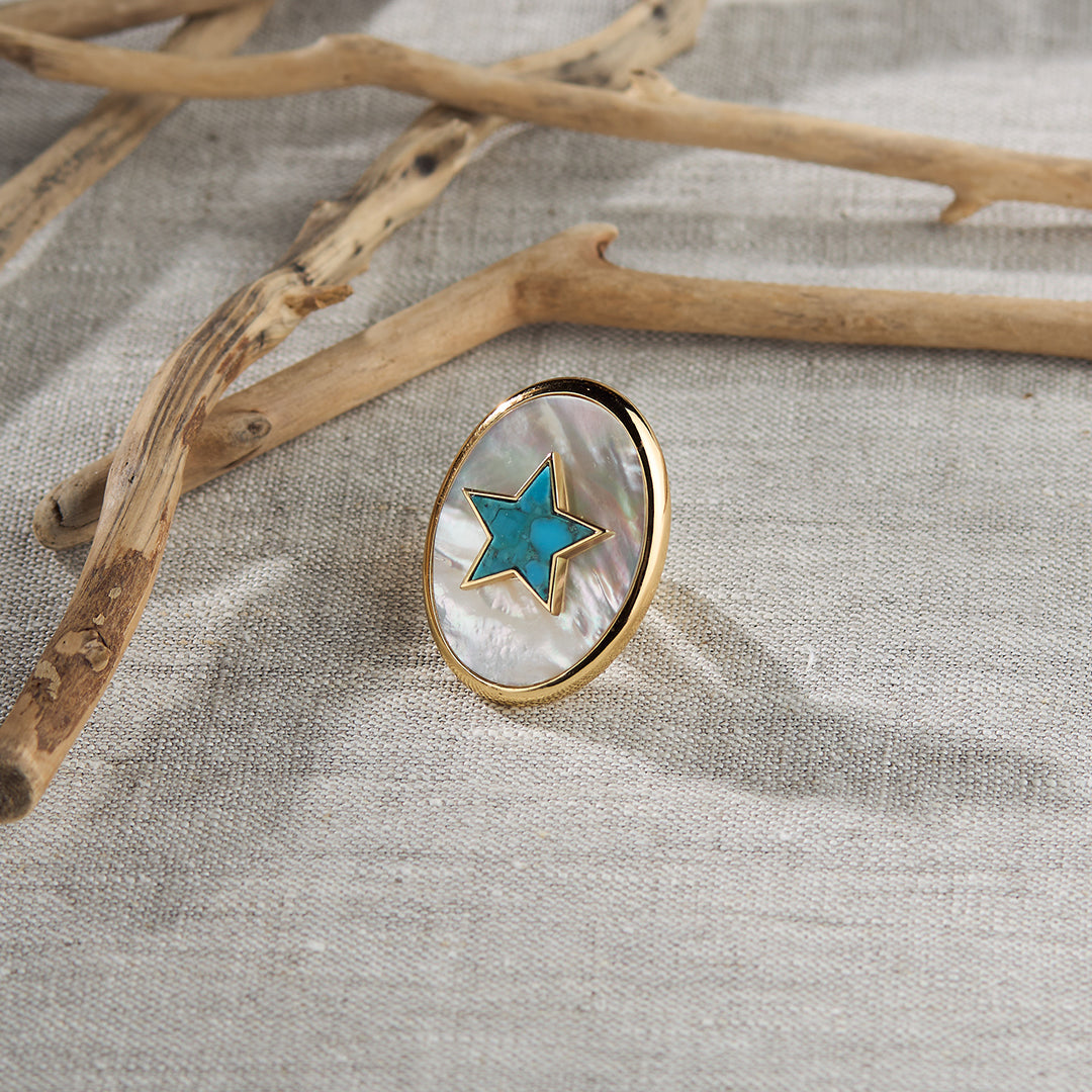 Star Statement Ring in Mother of Pearl and Blue Mohave Turquoise