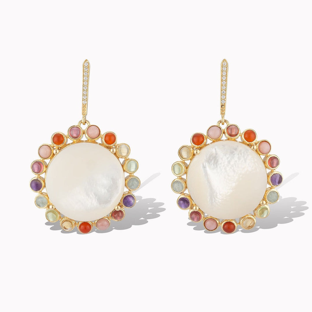 Mother of Pearl Statement Earrings with rainbow cabochons on a pave diamond post. 